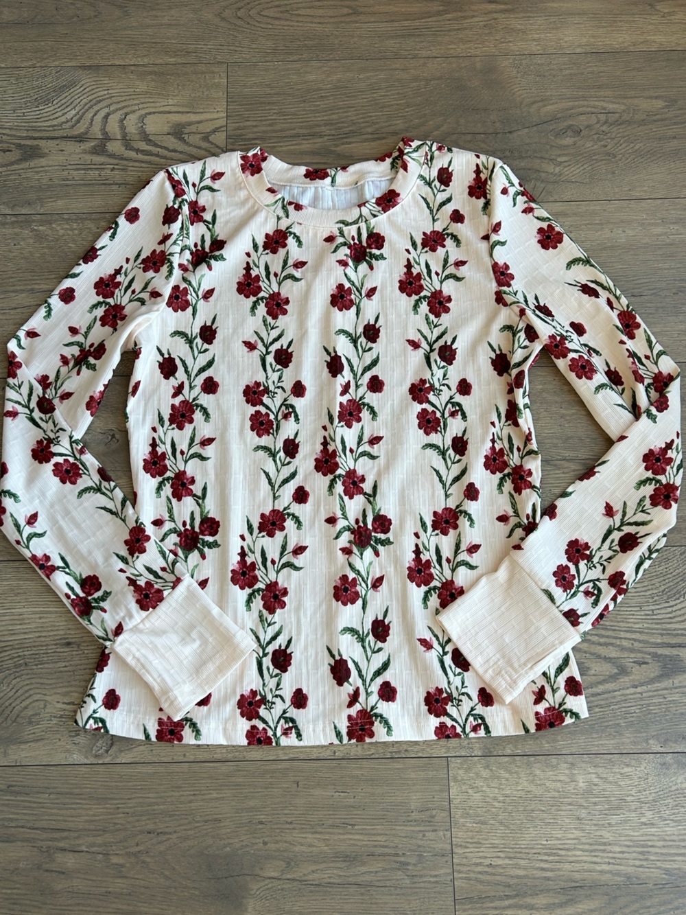 Floral Long-Sleeve Ribbed Top - Cream with Red Floral - Picture 7 of 9